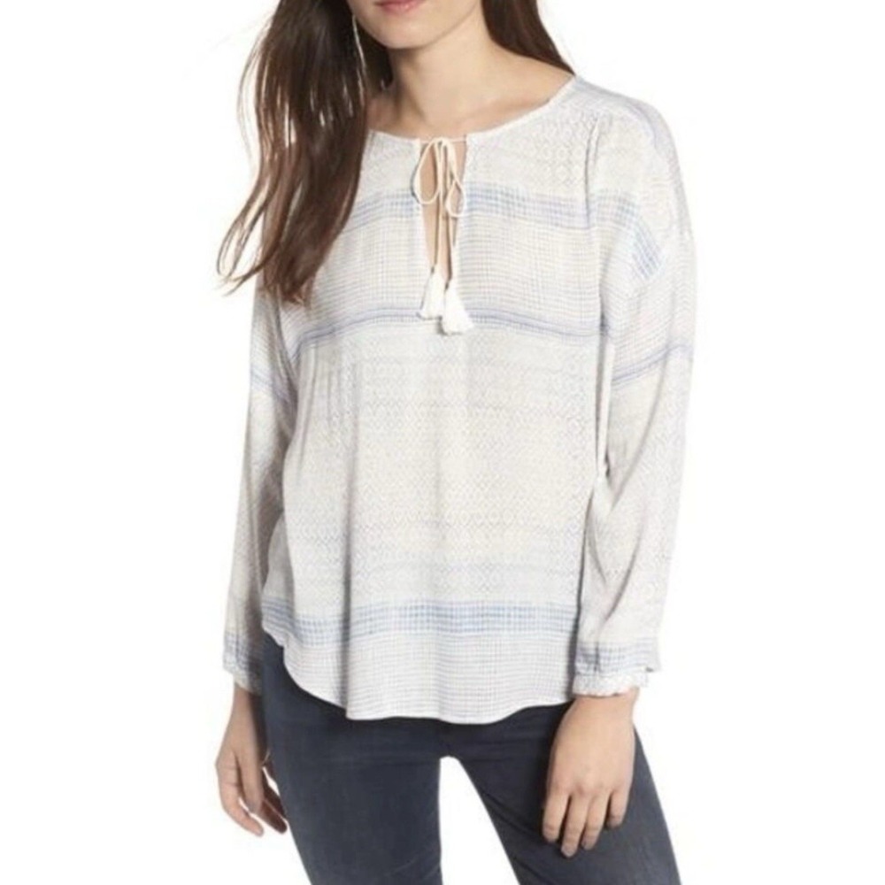 Rails Celeste Roma Print Blue White Boho Tassel Peasant Blouse Medium